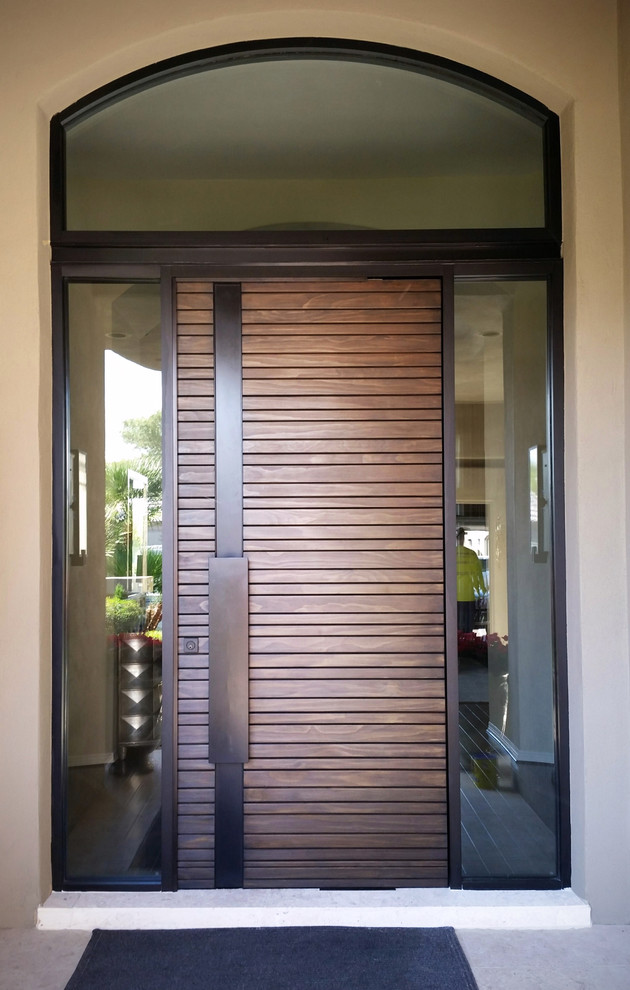 Esempio di un ingresso o corridoio design con una porta singola e una porta in legno scuro