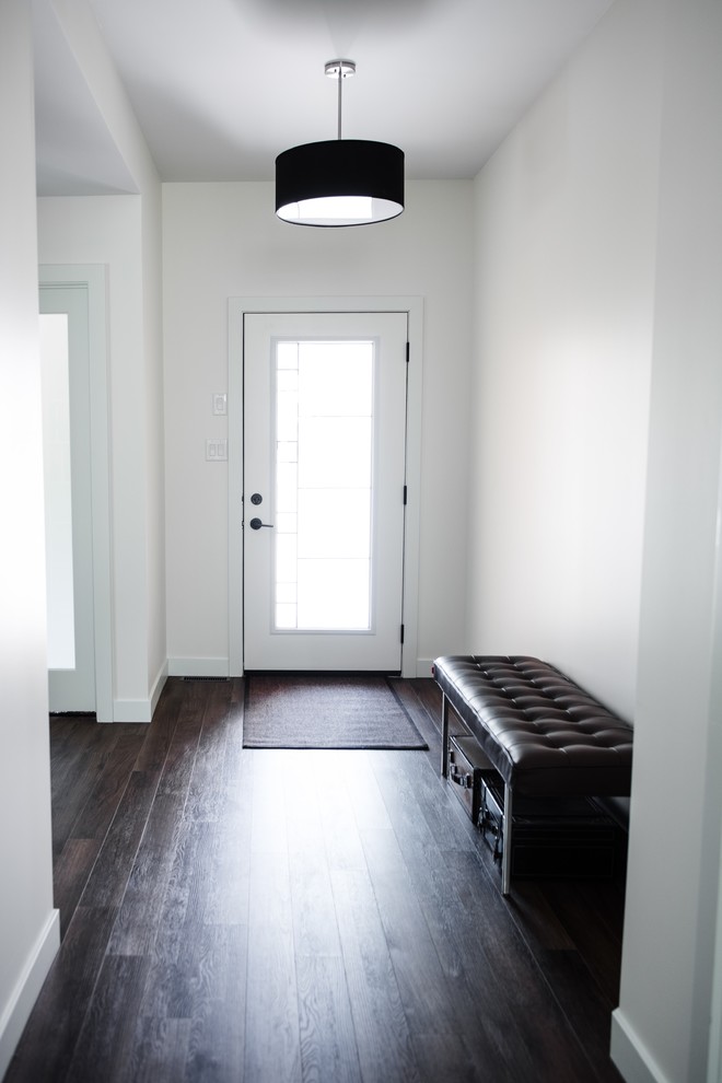 Foto de hall minimalista de tamaño medio con paredes blancas, suelo de madera oscura, puerta simple, puerta blanca y suelo marrón