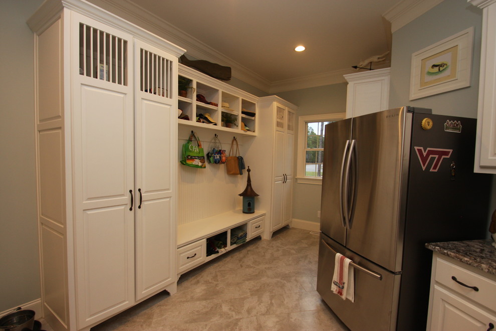 Photo of a medium sized traditional boot room in Raleigh with grey walls, ceramic flooring, a double front door, a white front door and beige floors.