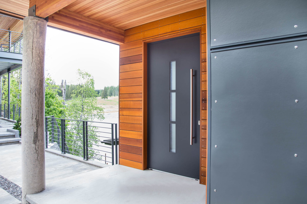 Exemple d'une porte d'entrée moderne de taille moyenne avec un mur blanc, parquet foncé, une porte simple, une porte noire et un sol marron.