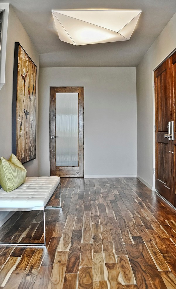 Modelo de distribuidor minimalista pequeño con paredes grises, suelo de madera en tonos medios, puerta doble y puerta de madera en tonos medios