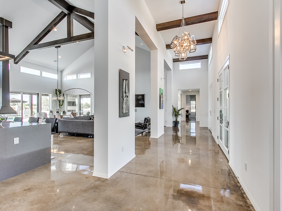 Photo of an expansive contemporary foyer in Oklahoma City with grey walls, concrete flooring, a double front door and a glass front door.