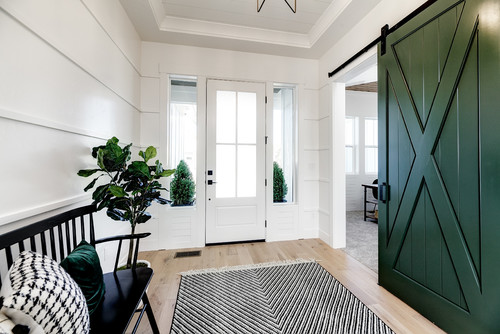 A hallway white door with a black door handle on rose