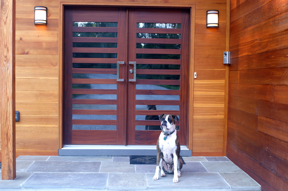 Cette image montre une porte d'entrée minimaliste avec un mur marron, un sol en ardoise, une porte double et une porte en bois foncé.
