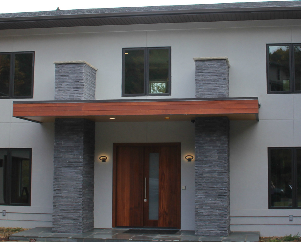 Diseño de puerta principal minimalista con puerta doble y puerta de madera en tonos medios