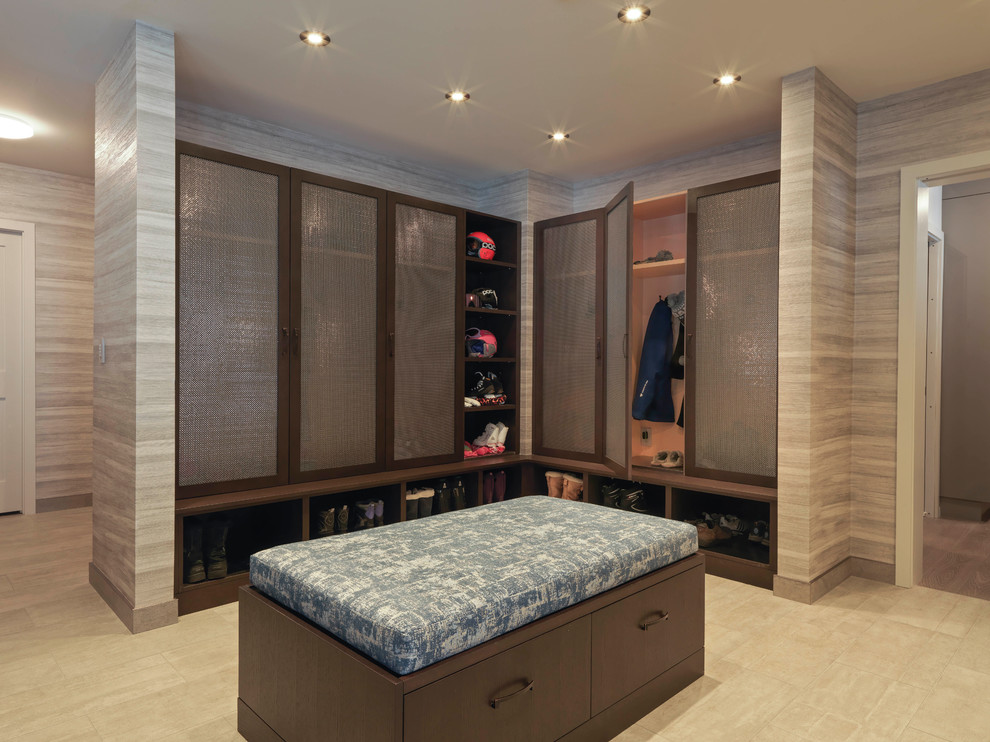 Design ideas for a large contemporary boot room in Burlington with multi-coloured walls, porcelain flooring, a single front door, a white front door and beige floors.