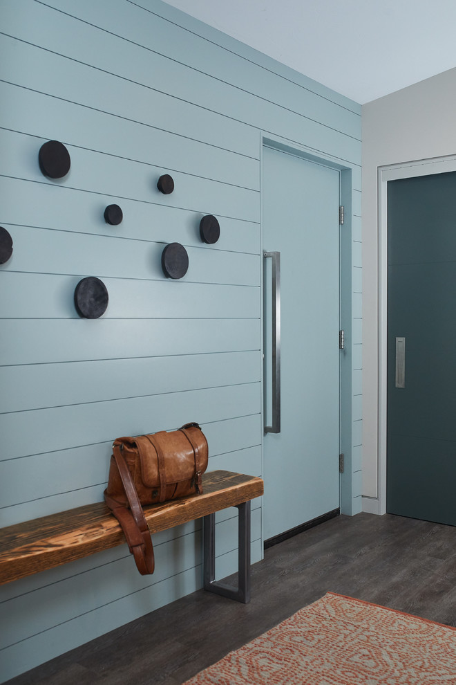 Свежая идея для дизайна: маленькая входная дверь в стиле модернизм с синими стенами и одностворчатой входной дверью для на участке и в саду - отличное фото интерьера