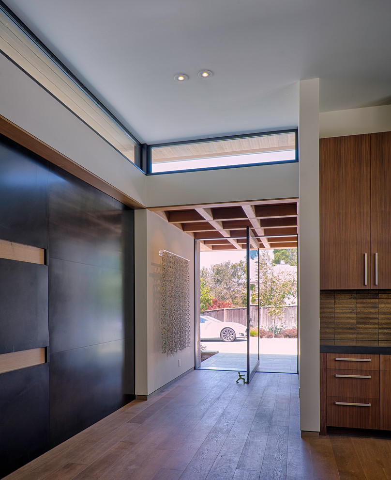 Diseño de puerta principal minimalista con puerta pivotante, paredes beige, suelo de madera en tonos medios y puerta de vidrio
