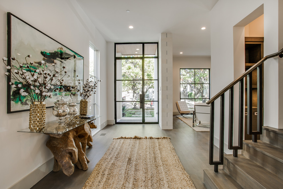Traditional entrance in Dallas with white walls, dark hardwood flooring, a single front door and a glass front door.