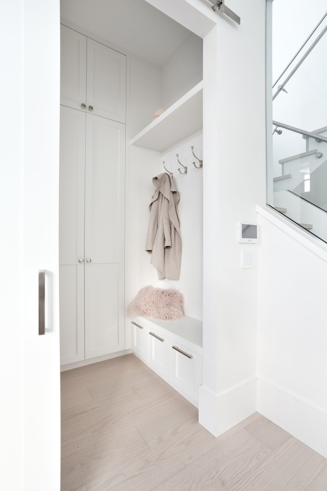 Ejemplo de vestíbulo posterior minimalista pequeño con paredes blancas, suelo de contrachapado, puerta blanca y suelo beige