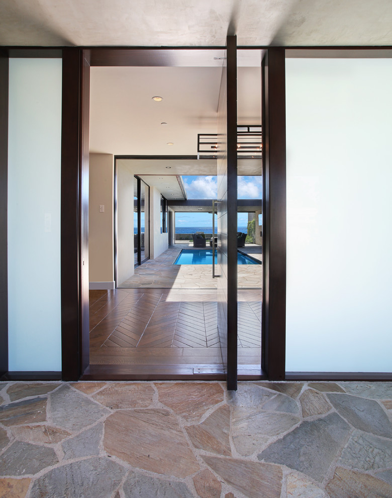 Medium sized modern front door in Orange County with dark hardwood flooring, a pivot front door and a dark wood front door.