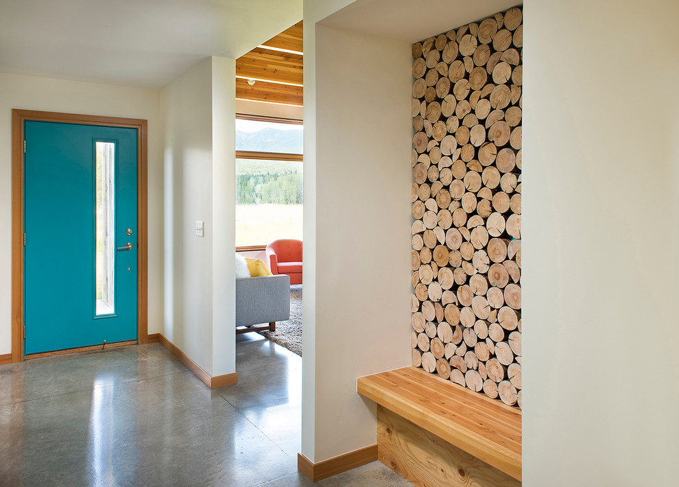 Идея дизайна: большая узкая прихожая в стиле модернизм с белыми стенами, бетонным полом, одностворчатой входной дверью и синей входной дверью