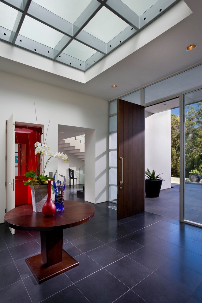 Large modern foyer in Santa Barbara with white walls, ceramic flooring, a single front door, a dark wood front door and black floors.