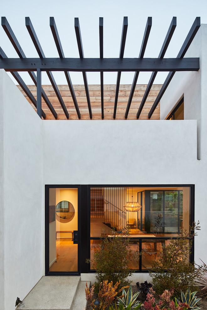 Idéer för en mellanstor modern ingång och ytterdörr, med vita väggar, mellanmörkt trägolv, en enkeldörr, en svart dörr och brunt golv