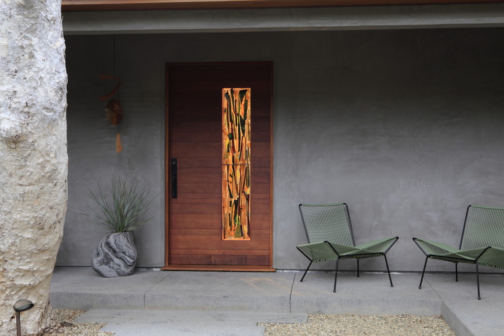 Immagine di una porta d'ingresso minimalista con una porta singola e una porta in legno bruno