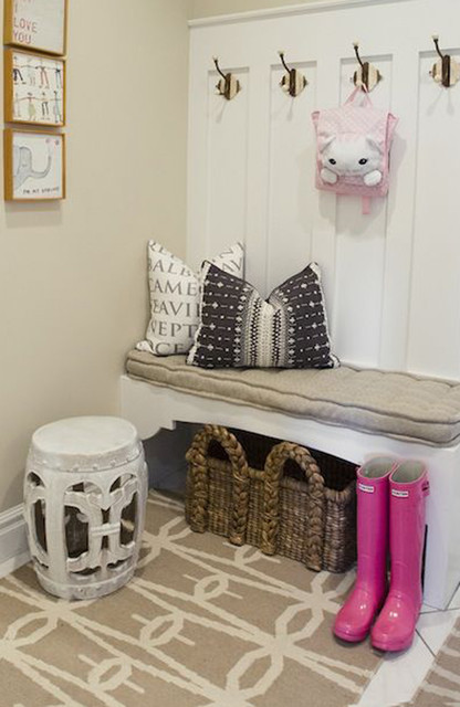 Mud room from Alice Lane Home has a built in bench with hooks and a Surya  Fallon - Contemporary - Entry - Boston - by Jill Rosenwald