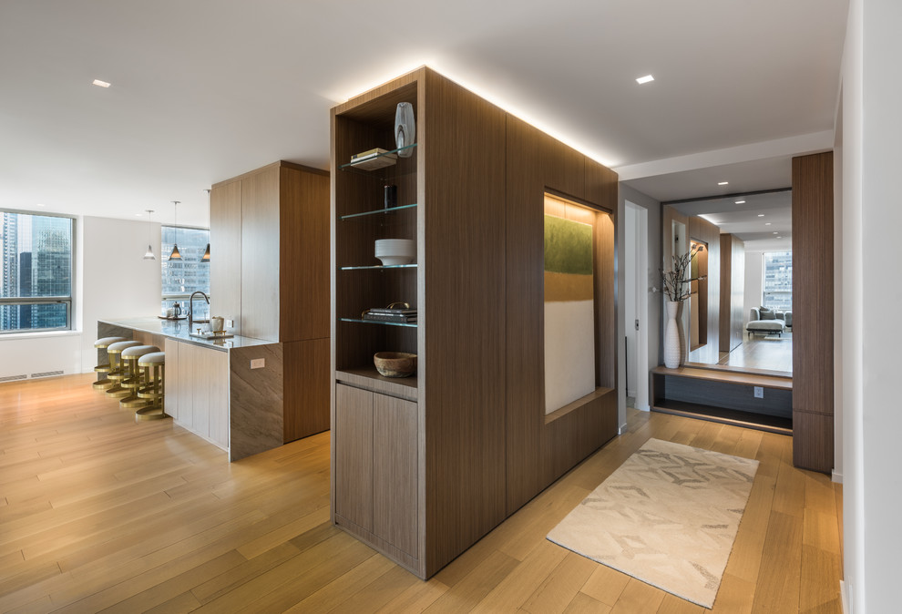 Photo of a medium sized contemporary foyer in New York with white walls, light hardwood flooring, a single front door and a medium wood front door.