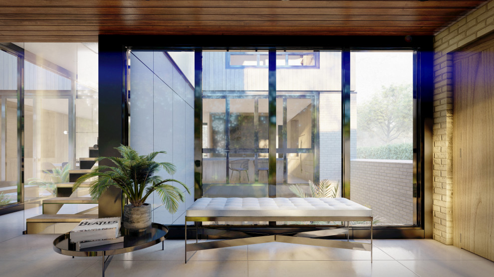 Modernes Foyer mit Porzellan-Bodenfliesen, grauem Boden, Holzdecke und Ziegelwänden in Sonstige