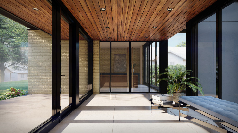 Modernes Foyer mit Porzellan-Bodenfliesen, grauem Boden, Holzdecke und Ziegelwänden in Sonstige