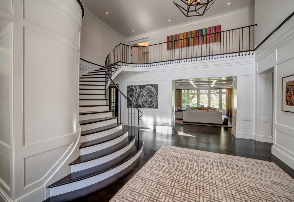Modern foyer in Detroit with white walls, dark hardwood flooring and a single front door.
