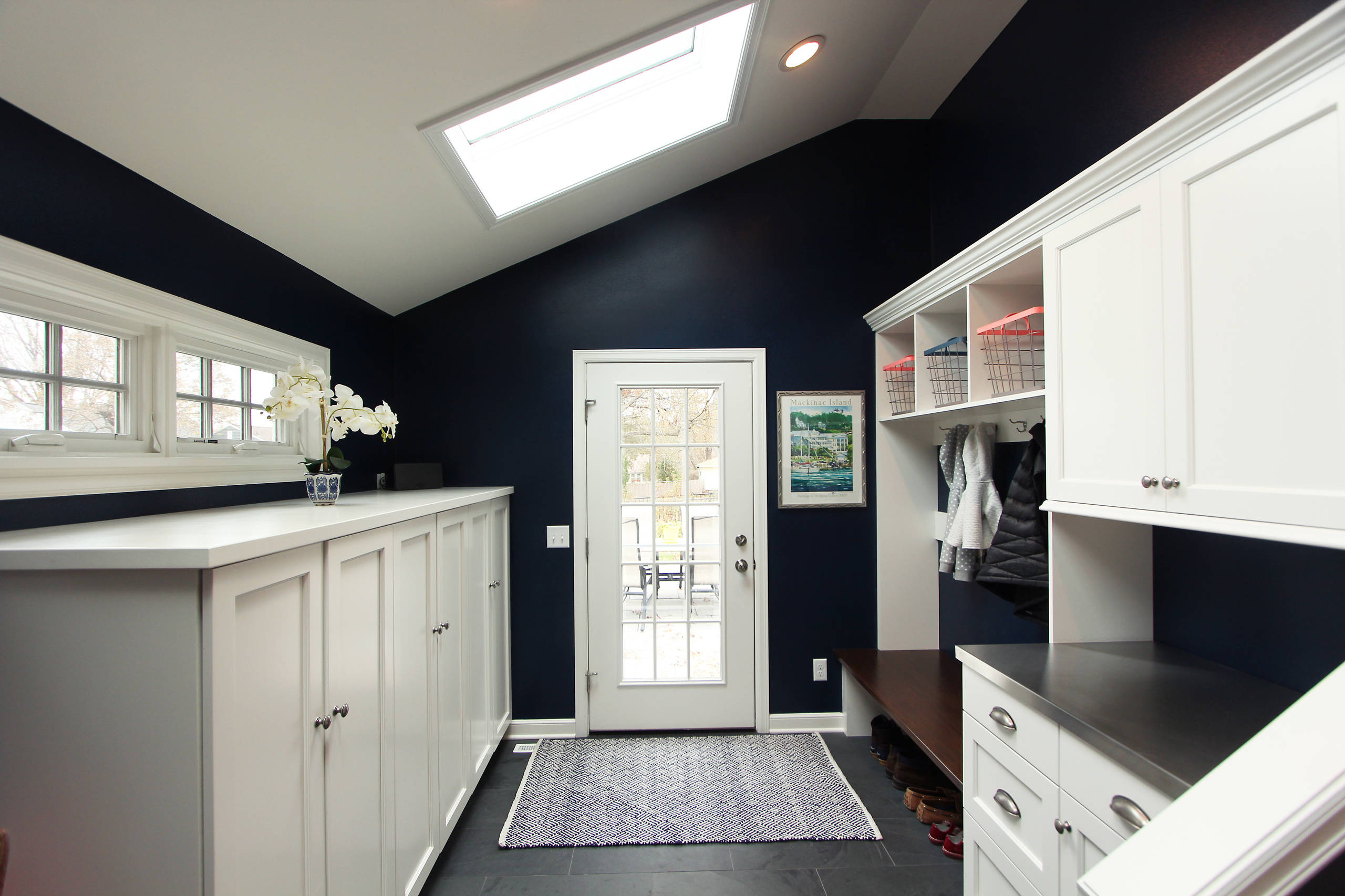 Navy Blue Mudroom with White Built In Cabinets with Coat Storage -  Transitional - Entry - Other - by Denise Quade Design | Houzz