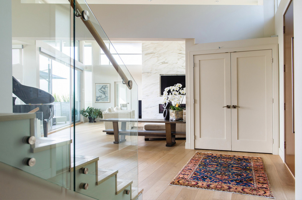 Diseño de puerta principal minimalista grande con paredes blancas, suelo de madera clara, puerta simple y puerta de madera oscura