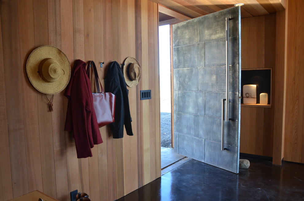 На фото: входная дверь среднего размера в стиле модернизм с коричневыми стенами, бетонным полом, одностворчатой входной дверью и металлической входной дверью