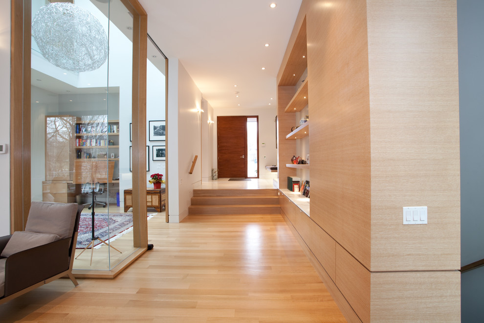 Example of a large trendy light wood floor and brown floor entryway design in Toronto with white walls and a dark wood front door