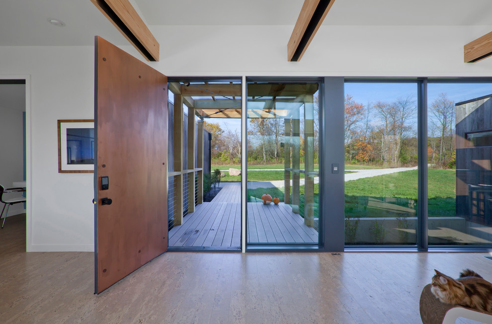 Imagen de puerta principal moderna de tamaño medio con paredes blancas, suelo de corcho, puerta simple, puerta metalizada y suelo beige