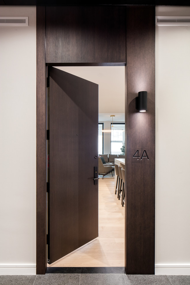 Design ideas for a small contemporary front door in New York with brown walls, light hardwood flooring, a single front door, a dark wood front door and yellow floors.