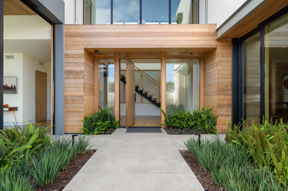 Modelo de entrada actual grande con suelo de cemento, puerta pivotante y puerta de madera clara