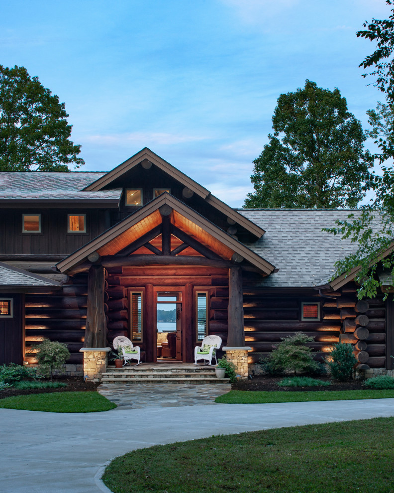 North Carolina Handcrafted Log Home Lake Gaston Residence Rustic Entry Raleigh by M.T