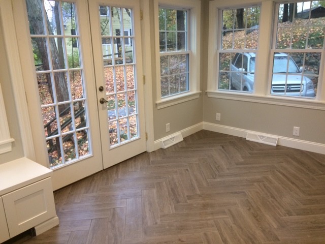 Medium sized classic boot room in Boston with grey walls, porcelain flooring, a single front door and a white front door.