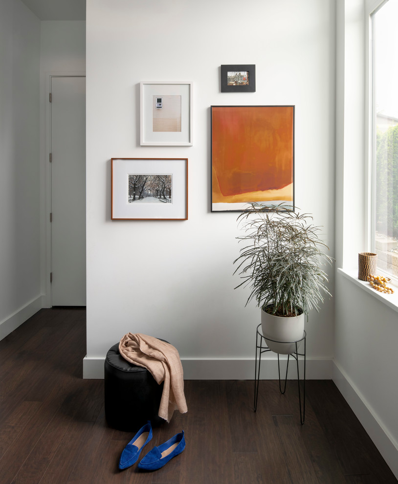 シアトルにあるお手頃価格の小さな北欧スタイルのおしゃれな玄関ロビー (白い壁、茶色い床、濃色無垢フローリング、白いドア) の写真