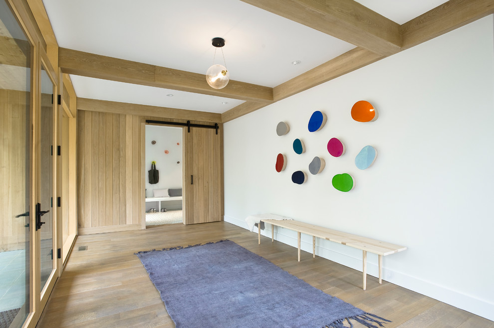 Entryway - large contemporary brown floor and medium tone wood floor entryway idea in New York with white walls and a glass front door
