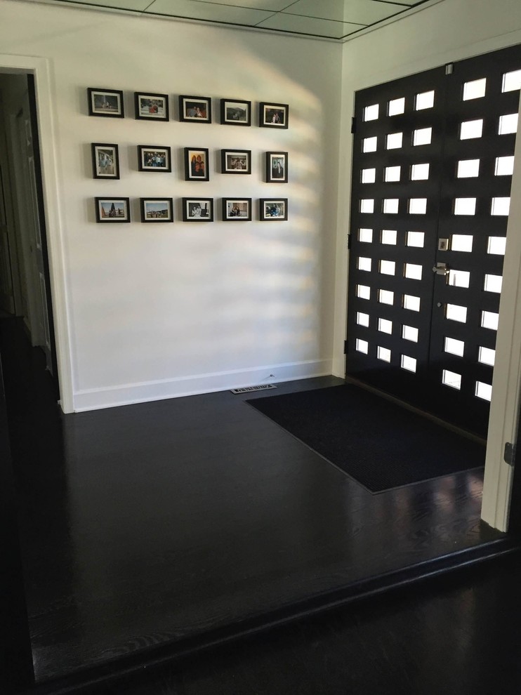 Foto de distribuidor actual de tamaño medio con paredes blancas, suelo de madera oscura, puerta doble, puerta negra y suelo negro