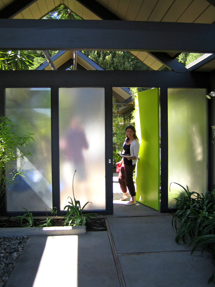 Идея дизайна: прихожая в стиле модернизм с одностворчатой входной дверью и зеленой входной дверью