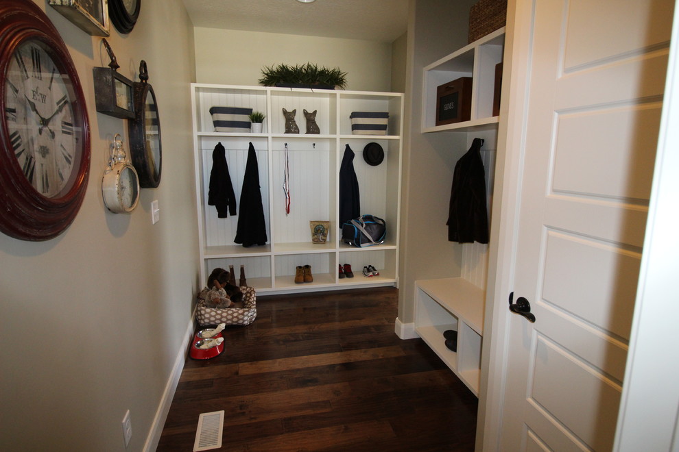 Inspiration for a classic vestibule in Salt Lake City with medium hardwood flooring, beige walls, a single front door and a white front door.