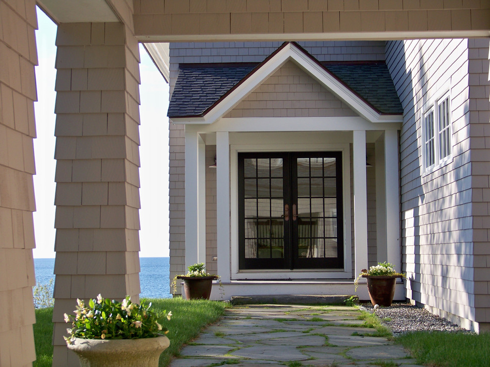 Design ideas for a medium sized traditional entrance in Portland Maine with beige walls, a double front door and a glass front door.