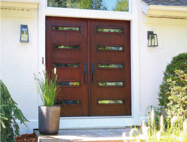 Esempio di una porta d'ingresso minimalista di medie dimensioni con una porta a due ante e una porta in legno scuro