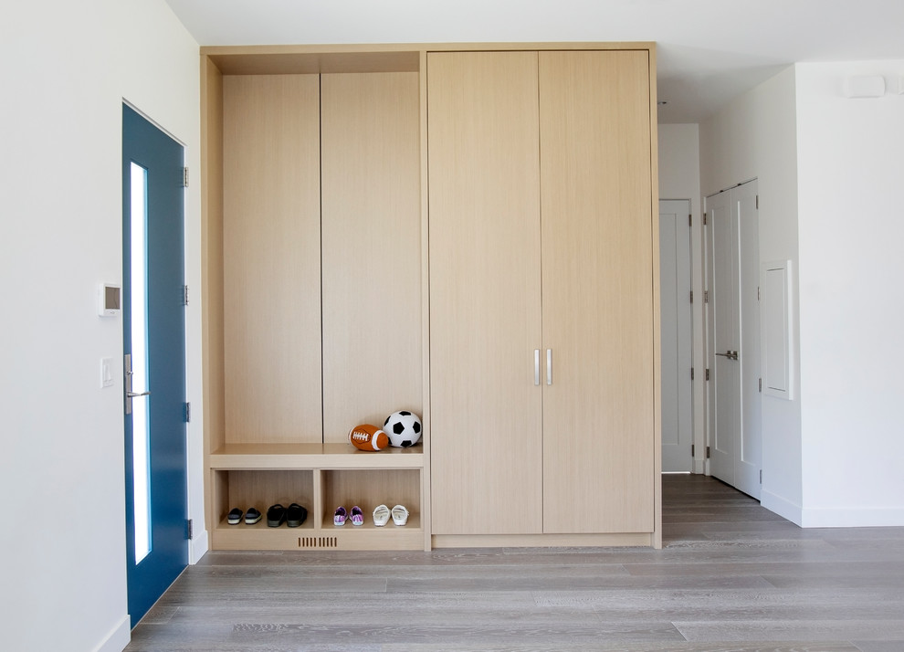 Inspiration för mellanstora moderna foajéer, med vita väggar, mellanmörkt trägolv, en enkeldörr, en blå dörr och grått golv