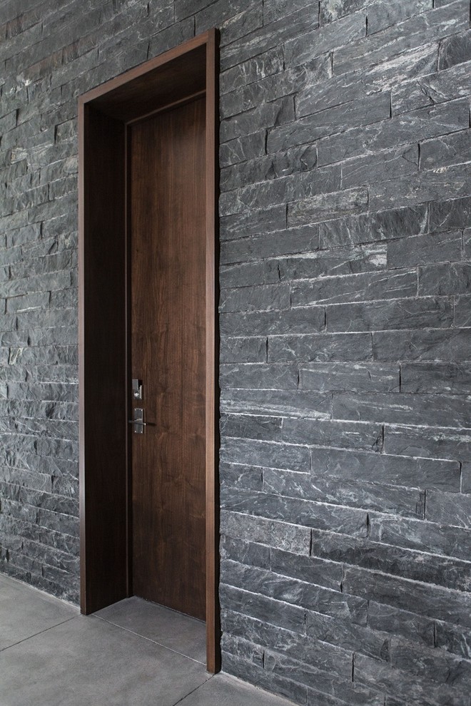Aménagement d'une grande entrée industrielle avec un mur noir, une porte simple et une porte en bois foncé.