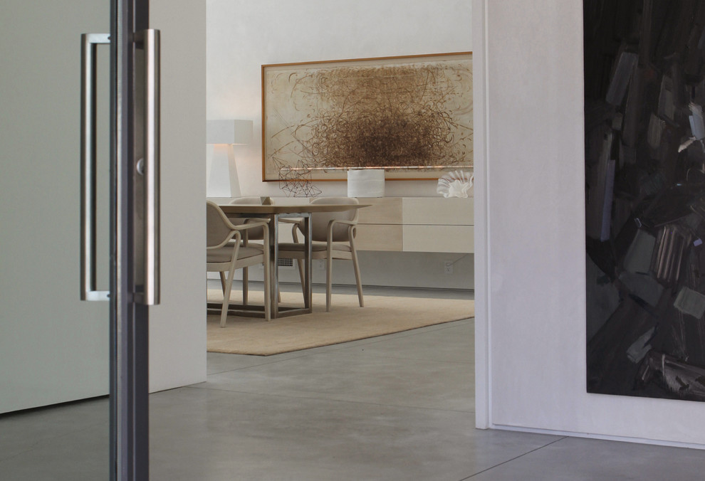 Идея дизайна: фойе среднего размера в стиле модернизм с белыми стенами, бетонным полом, двустворчатой входной дверью, металлической входной дверью и серым полом