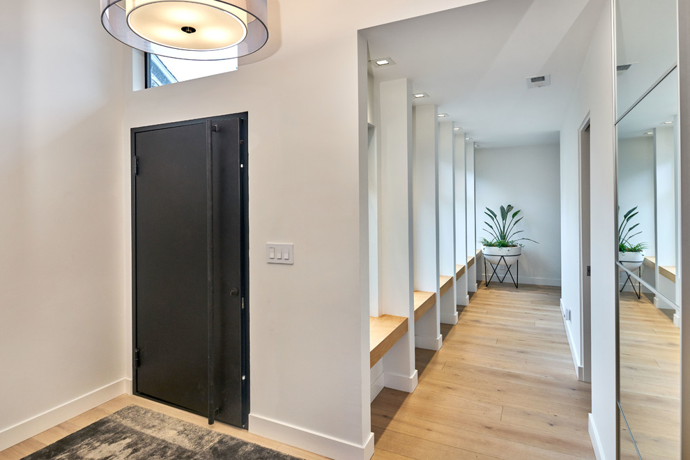 Kleiner Moderner Eingang mit Korridor, weißer Wandfarbe, hellem Holzboden, Einzeltür und Haustür aus Metall in San Francisco
