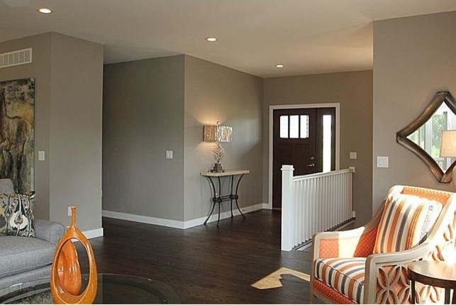 Kleine Moderne Haustür mit grauer Wandfarbe, dunklem Holzboden, Einzeltür und dunkler Holzhaustür in Cedar Rapids