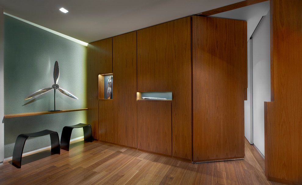 Modernes Foyer mit braunem Holzboden in Chicago