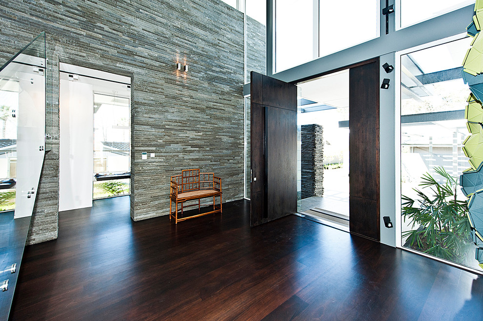 Inspiration for a large modern foyer in Perth with white walls, dark hardwood flooring, a pivot front door and a dark wood front door.