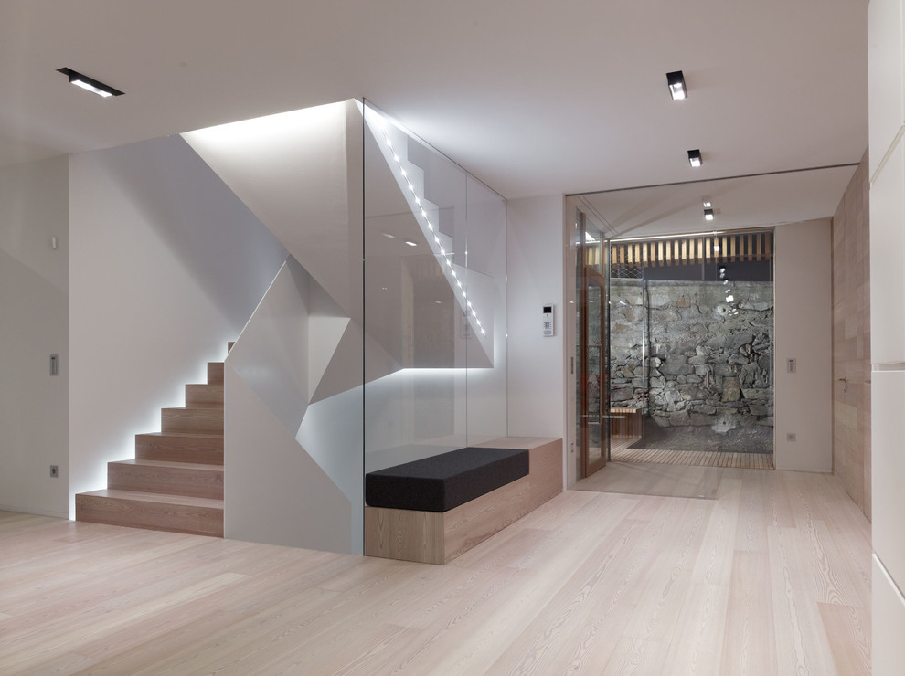 Geräumiges Modernes Foyer mit weißer Wandfarbe, hellem Holzboden und Haustür aus Glas in Sonstige