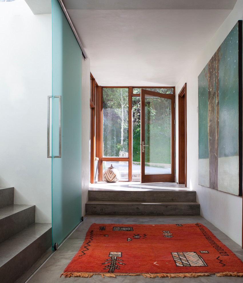 デンバーにあるコンテンポラリースタイルのおしゃれな玄関 (白い壁、コンクリートの床、ガラスドア) の写真