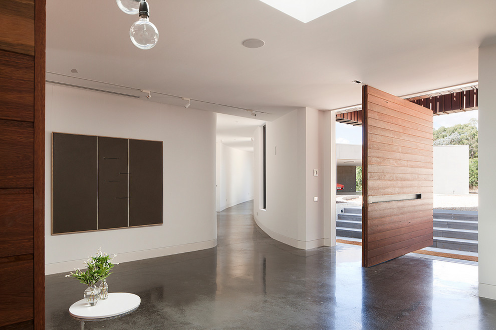 Aménagement d'une entrée contemporaine avec sol en béton ciré, une porte pivot et une porte en bois brun.